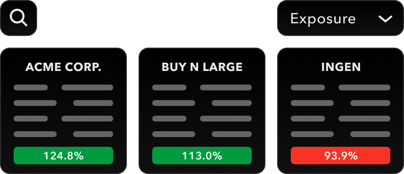 Small cards representing different insurance accounts sit below a search icon and a 'scale by exposure' control, hinting at the capabilities of Marmalade's deal comparison feature