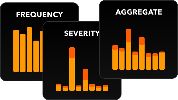 A group of small cards containing charts illustrate Marmalade's ability to aggregate and summarize loss data